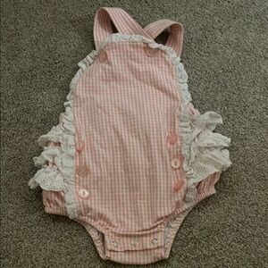 Pink Gingham pinafore front Baby Bubble with Lace Trim in back